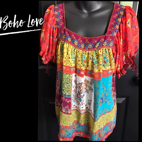 🌺Darling Boho sheer blouse patchwork like pattern - Picture 7 of 10